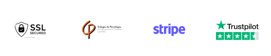 Sellos de confianza: SSL Secured, Colegio de Psicólogos, Stripe y Trustpilot